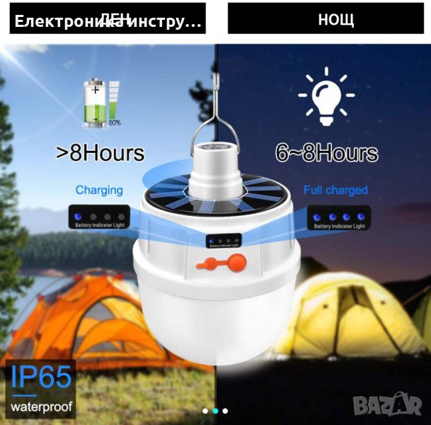Соларна къмпинг лампа Led фенер с кука, снимка 1