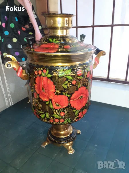 Невероятен голям руски рисуван самовар чайник, снимка 1