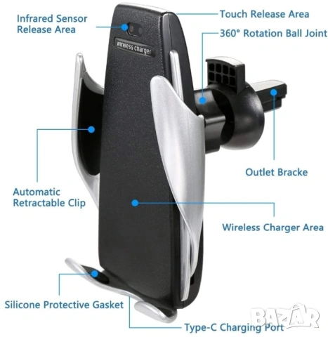 Стойка за кола с безжично зареждане и Smart Sensor S5 – Автоматична, снимка 11 - Безжични зарядни - 53824768