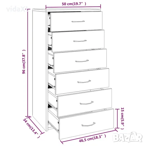 vidaXL Сайдборд 6 чекмеджета опушен дъб 50x34x96 см инженерно дърво, снимка 8 - Бюфети - 56147920