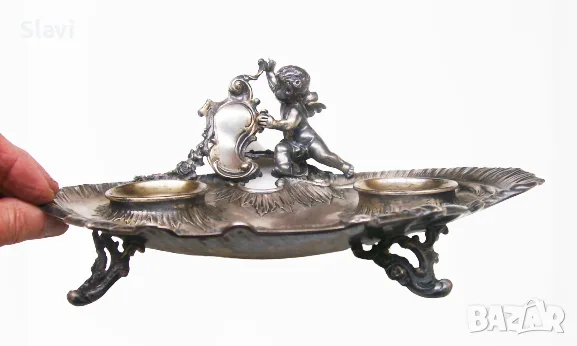 Антикварна мастилница-Antique Silver Plated Ink Well Stand, снимка 5 - Антикварни и старинни предмети - 55741198