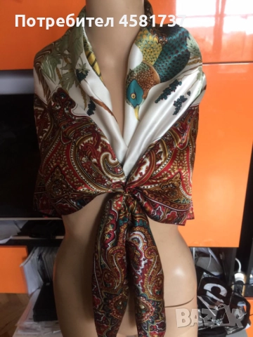 Копринен шал с десен фазани, снимка 8 - Шалове - 52010273