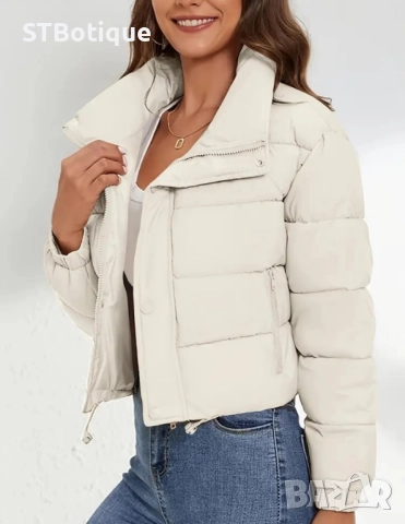 🌟 Елегантно дамско зимно яке ST Boutique – Бяло, Късо, С Изправен Яка ❄️🤍, снимка 3 - Якета - 52217010