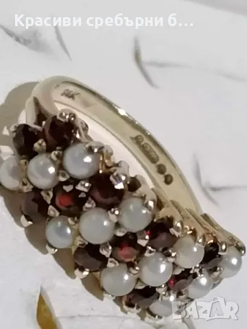 Масивен златен пръстен с перли и гранати , снимка 2 - Пръстени - 48334341