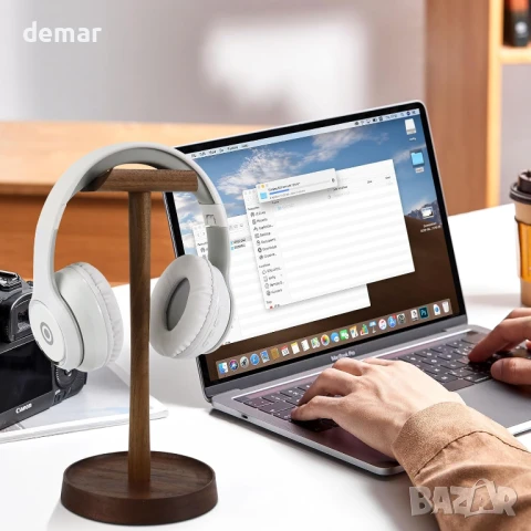 Дървена стойка за слушалки, подвижна стойка за слушалки от орехово дърво с тава за съхранение, снимка 2 - Слушалки и портативни колонки - 50602107