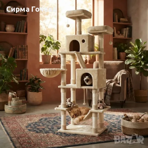 Драскалка за котки Beige 206 см – XXL катерушка с 2 къщички, хамак и площадки, снимка 2 - За котки - 55867662