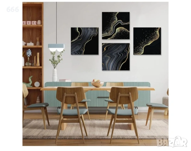 Artscope 4 части Абстрактни стенни картини върху платно - Черен мрамор, златен, плаващ пясък, снимка 6 - Други стоки за дома - 53269170