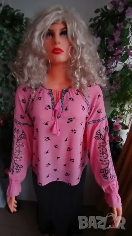 Луксозна розова дамска кенарена риза с бродирани ръкави., снимка 9 - Ризи - 47013180