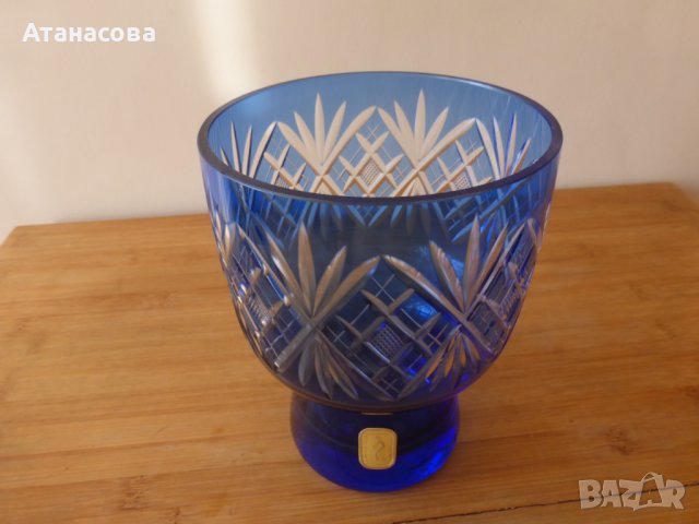 Синя кристална ваза дизайн Karin Grigat Германия 1970 г, снимка 6 - Вази - 42359302