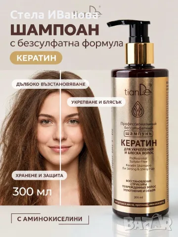 Професионален безсулфатен шампоан „Кератин“, подходящ за увредена, боядисана коса, снимка 3 - Продукти за коса - 56235484