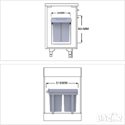 Relaxdays Einbaumülleimer 3-посочен разтегателен кухненски кош за боклук за под шкаф, снимка 7 - Други - 44600848