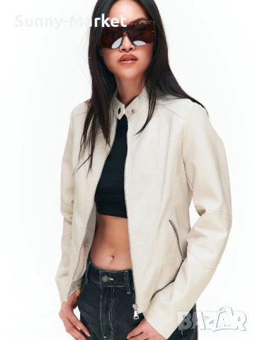 Дамско бежово кожено яке, снимка 5 - Якета - 53507890