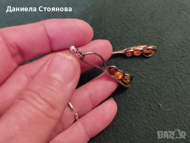 Сребърни обеци с три цвята кехлибар, снимка 2 - Обеци - 52162385