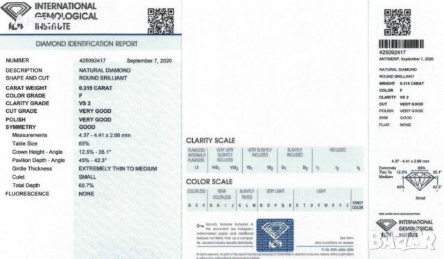 Диамант брилянт 0,315 ct, F, VS2 , IGI сертификат, опакован в блистер, снимка 2 - Пръстени - 40032715