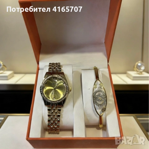 Елегантен дамски комплект: Часовник със златна верижка и камъни + гривна, снимка 2 - Бижутерийни комплекти - 53526192