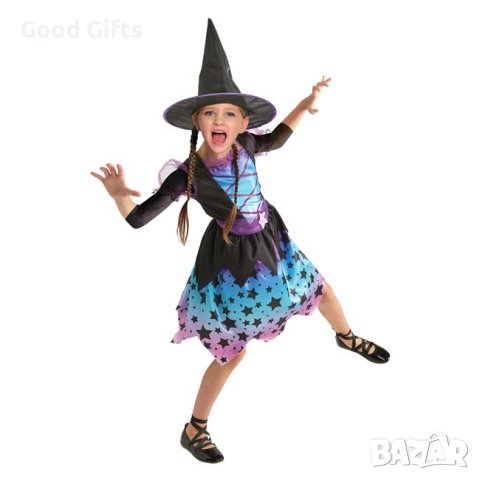 Детски Хелоуин костюм вещица, със звезди и шапка