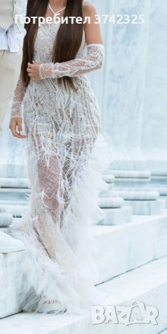 Елегантна дълга рокля с дантела и ефектни пера, снимка 3 - Рокли - 52437222