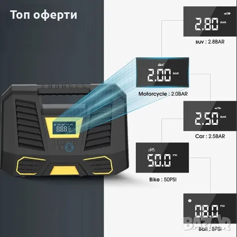 Компресор дигитален за гуми 12V - 1808-1, снимка 6 - Компресори - 49344650