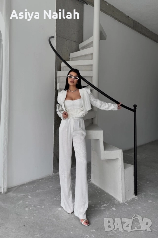 Дамски бял костюм от 3 части – сако, топ и широк панталон, снимка 6 - Костюми - 52792810