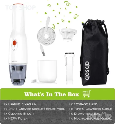 absob Безжична ръчна прахосмукачка за кола, USB акумулаторна мощна преносима лека мини （AB108WH）, снимка 5 - Прахосмукачки - 49971276