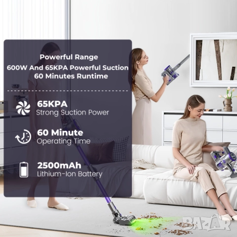 Безжична Вертикална Прахосмукачка - Yanhama H3 600W 65000Pa, 4-в-1 с 60 Мин Работа, LED!, снимка 4 - Прахосмукачки - 51500108