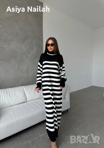 Дамска плетена рокля с поло яка – черно/бяло