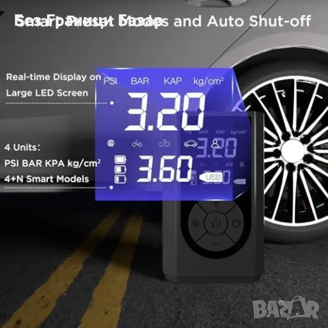 Нов Мощен компресор за гуми 150PSI, 8000mAh, LED дисплей, 12V Помпа кола, снимка 3 - Друга електроника - 48883166