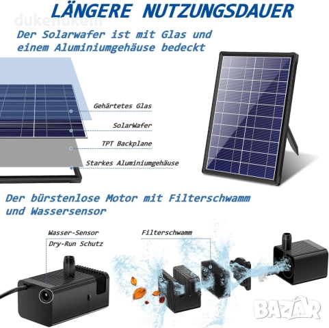 Соларен фонтан 7.5W с филтър, 10 дюзи, защита от сух ход и стъклен соларен панел, снимка 3 - Градински мебели, декорация  - 52521054