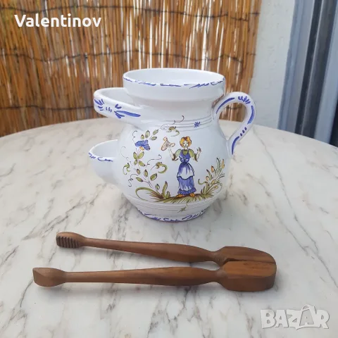 Старинно керамично гърне за кисели краставички + щипка , снимка 2 - Антикварни и старинни предмети - 56092292