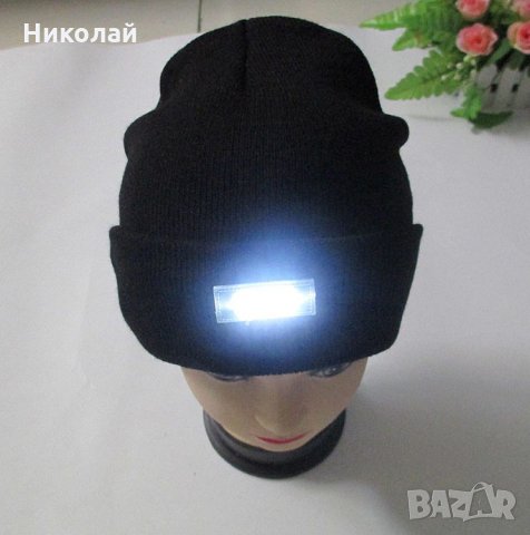 Светеща зимна шапка с 5 LED диода + Батерии, снимка 5 - Шапки - 34009190