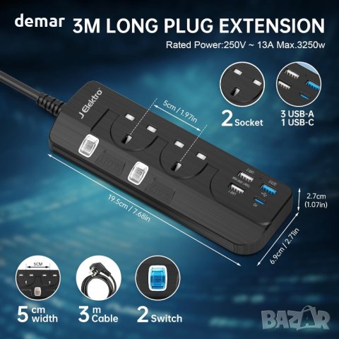 Удължителен кабел с USB слотове, 2 изхода, 4 USB(PD+QC3.0) – 3 м, снимка 6 - Други стоки за дома - 42510183