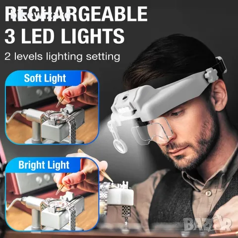 Лупа с лента за глава 1–14x, акумулаторна, hands-free, 6 сменяеми лещи, LED светлина НОВО, снимка 3 - Други инструменти - 55825504