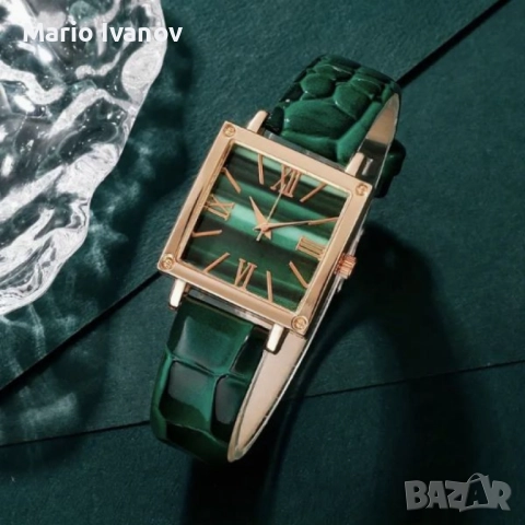 Елегантен комплект часовник и бижута с зелени кристали и златист корпус, снимка 4 - Дамски - 52896388