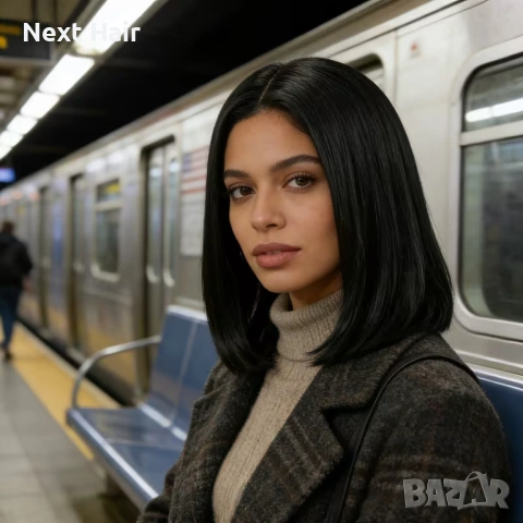 Елегантна права черна каре перука 35 см с път, снимка 12 - Аксесоари за коса - 53749630