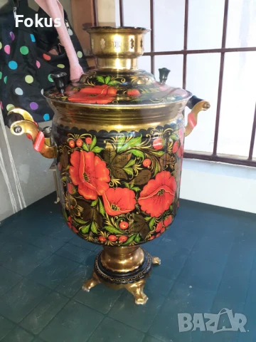 Невероятен голям руски рисуван самовар чайник