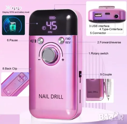Професионална преносима електрическа пила за нокти 45000 оборота светло розова, снимка 6 - Продукти за маникюр - 47685582
