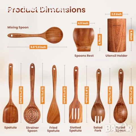 Нов Комплект дървени лъжици и шпатули от тик 9 части кухненски прибори, снимка 2 - Прибори за хранене, готвене и сервиране - 52655344