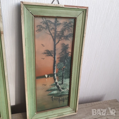 Стари малки картини „Езерен пейзаж“, рисувани върху стъкло, снимка 4 - Антикварни и старинни предмети - 52061087