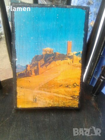 Стара рисунка принт върху дървена основа на Акропола - Атина, снимка 1 - Картини - 40745616