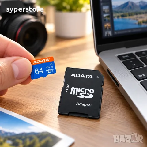 Карта памет microSDXC 64GB с адаптер, ADATA Premier AUSDX64GUICL10A1-RA1, UHS-I U1 Class 10 V10 A1