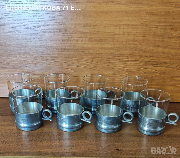 Комплект за топли напитки - чаши от йенско стъкло и подстакани от калай, снимка 1