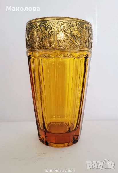 Антикварна ваза от кехлибарено стъкло със златен фриз от August Walther & Sons AG в стил Art Deco, снимка 1