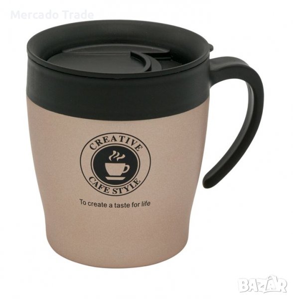 Термочаша Mercado Trade, С капак, С дръжка, За напитки, 350 мл., Метал, Злато, снимка 1