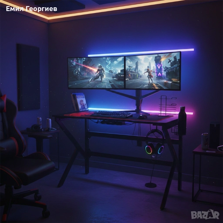 Геймърско компютърно бюро с RGB LED осветление, снимка 1