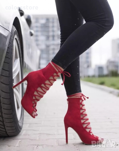 Летни боти от червен велур  код LT146, снимка 1