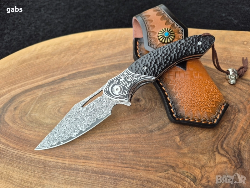 Уникален сгъваем нож дамаска стомана с кожена кания, снимка 1
