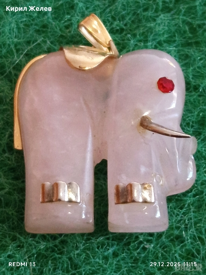 Късметлийска сребърна висулка слон от розов кварц и рубинено око 43571, снимка 1