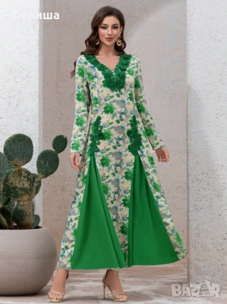 Прекрасна Дълга Памучна Рокля с Луксозна Бродерия в Тревисто Зелен Цвят, снимка 1