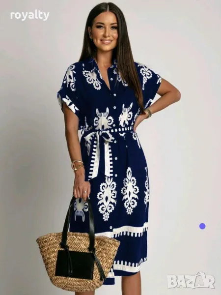 Тъмно синя ефектна рокля с къс ръкав, снимка 1