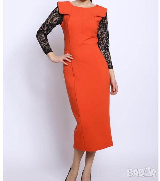 Елегантна рокля в цвят корал с черни дантелени ръкави Onyx - XL/2XL, снимка 1